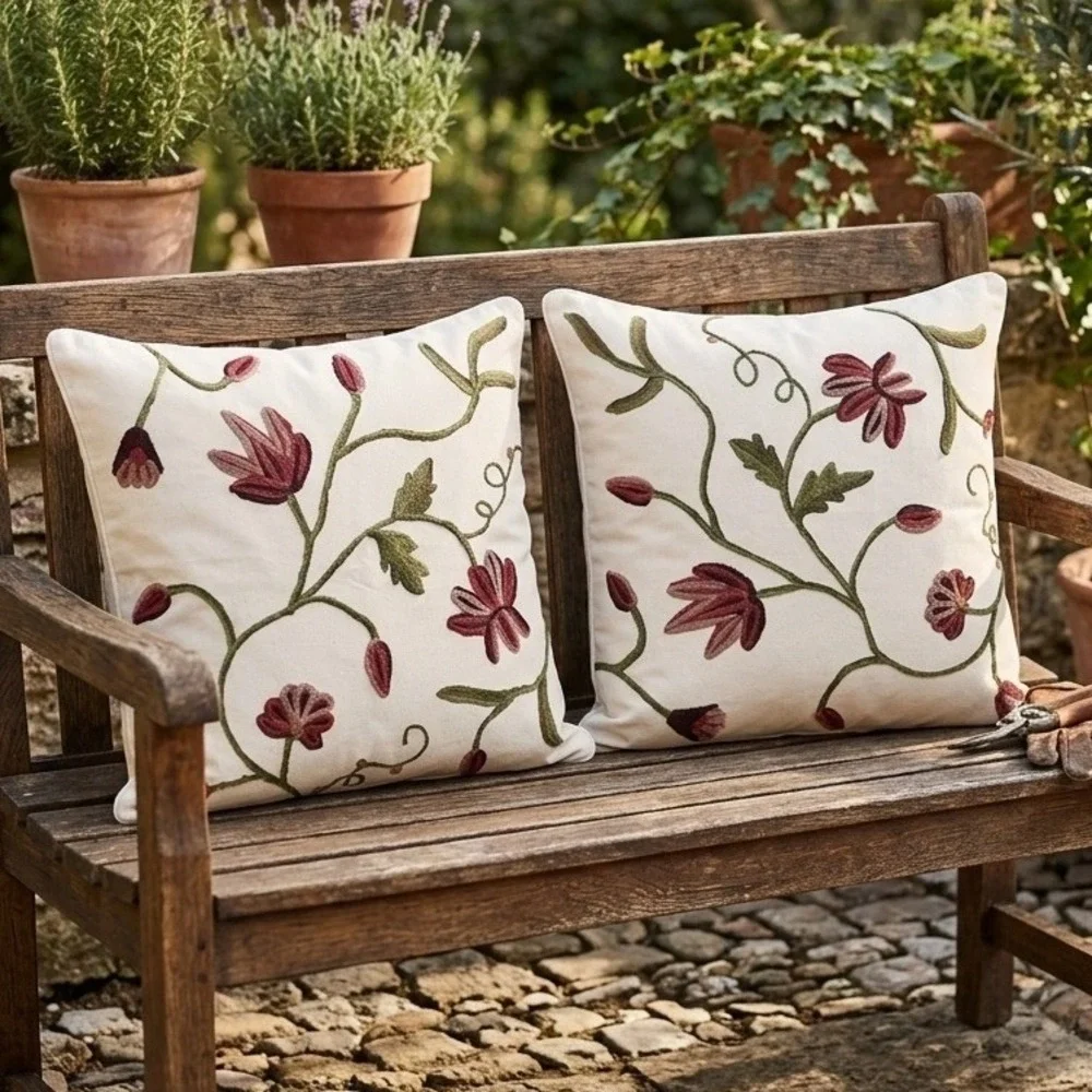 Floral Crewel‎ Embroidered Throw Pillow Covers Set of 2 Cream Burgundy 17.5x17.5